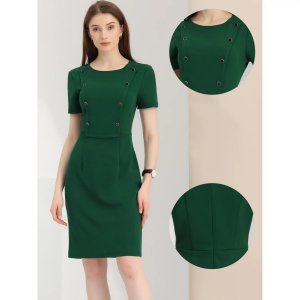 Женское деловое повседневное вязаное облегающее платье с круглым вырезом и короткими рукавами, зеленый ALLEGRA K