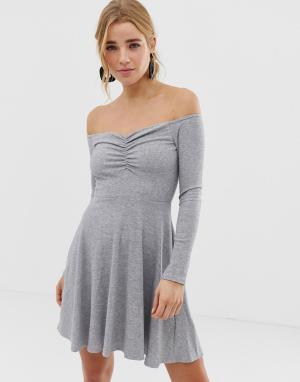 Платье в рубчик с длинными рукавами -Серый New Look