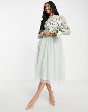Шалфейно-зеленое платье макси подружки невесты с плиссированной юбкой и вышивкой на топе Bridesmaid-Зеленый цвет Frock and Frill