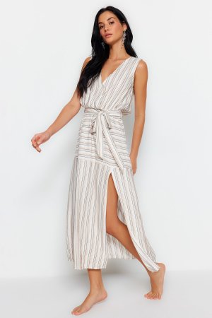 Пляжное платье миди в полоску с поясом и тканым разрезом , разноцветный Trendyol