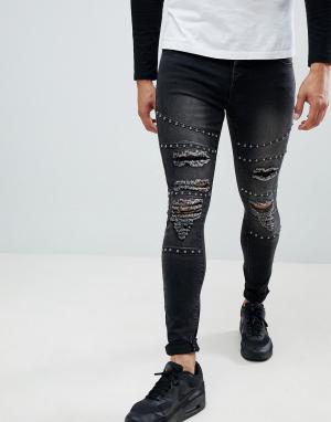 Черные рваные джинсы скинни с заклепками boohooMAN. Цвет: черный