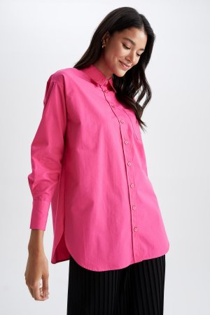 Туника из 100 % хлопка поплина с длинными рукавами и рубашечным воротником свободного покроя , розовый DeFacto
