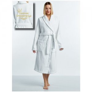 Махровый женский халат с вышивкой Шальная Императрица/46-48 Люкс. Цвет: белый/золотистый