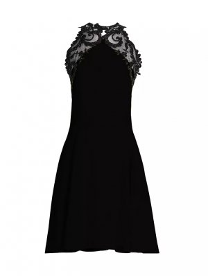Бархатное коктейльное мини-платье с кружевной отделкой , черный Versace