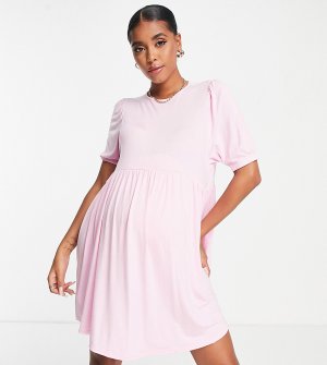 Свободное платье розового цвета с присборенной юбкой и пышными рукавами Maternity-Розовый цвет Missguided