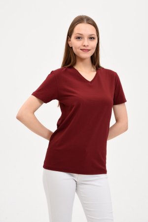 Женская базовая бордово-красная футболка с v-образным вырезом , бордовый GENIUS
