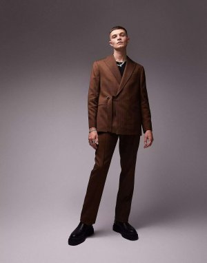 Коричневые прямые костюмные брюки из смесовой шерсти с узором «в елочку» Topman. Цвет: коричневый