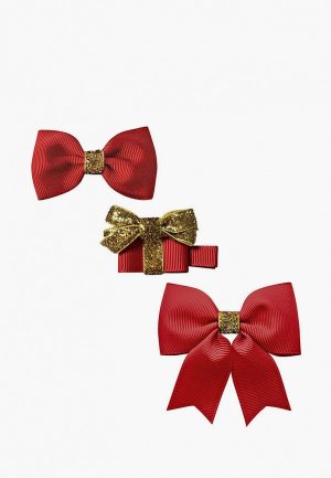 Заколки 3 шт. Milledeux Бантики и подарок, коллекция Classic Christmas,  скарлет с золотистым. Цвет: красный