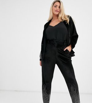 Бархатные брюки от костюма со стразами -Черный Fashion Union Plus