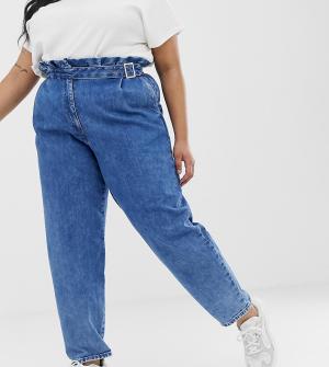 Синие винтажные джинсы бойфренда с высокой присборенной талией и поясом пряжкой ASOS DESIGN Curve-Синий Curve