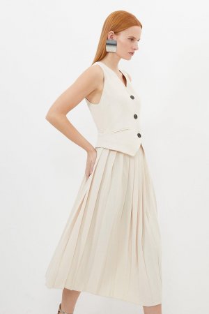 Платье-миди с жилетом и плиссированной юбкой из крепа на заказ , белый Karen Millen