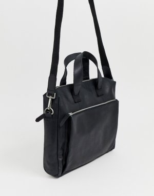 Черный кожаный портфель с карманом на молнии спереди ASOS DESIGN