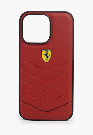 Чехол для iPhone Ferrari 13 Pro, Genuine leather Quilted with metal logo Hard Red. Цвет: красный