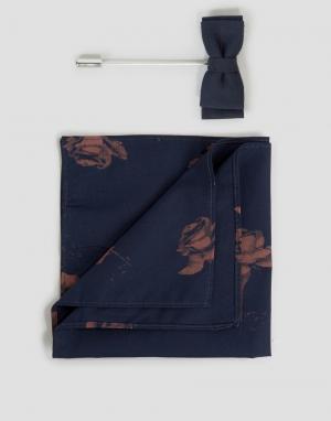 Платок для нагрудного кармана с принтом роз и булавкой лацкана Dev Devils Advocate. Цвет: темно-синий