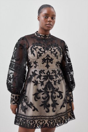 Тканое мини-платье больших размеров в стиле барокко с аппликацией , черный Karen Millen