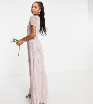 Платье макси приглушенного лилового цвета с короткими рукавами и декоративной отделкой Bridesmaid-Розовый цвет Frock and Frill Petite