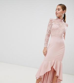Платье макси с кружевным топом, длинными рукавами и оборкой -Розовый City Goddess Petite