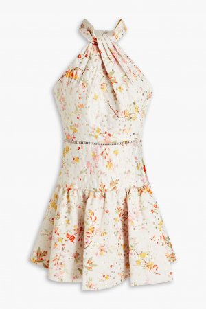 Платье мини из атласного твила фил-купе с цветочным принтом и эффектом металлик Ml Monique Lhuillier, экрю Lhuillier
