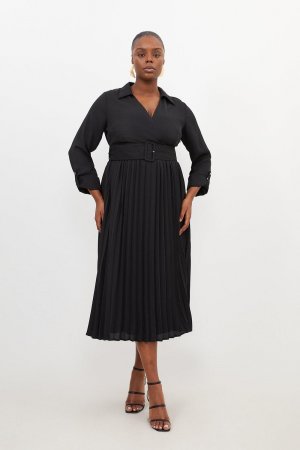 Плиссированное платье миди из жоржета больших размеров , черный Karen Millen