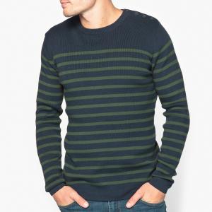 Пуловер с круглым вырезом в полоску из 100% биохлопка-Oeko Tex La Redoute Collections. Цвет: темно-синий в зеленую полоску