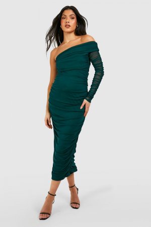 Сетчатое платье миди на одно плечо со складками для беременных boohoo, зеленый Boohoo