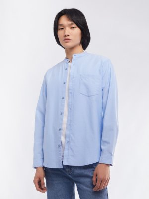 Офисная рубашка из хлопка с воротником-стойкой и длинным рукавом zolla. Цвет: светло-голубой