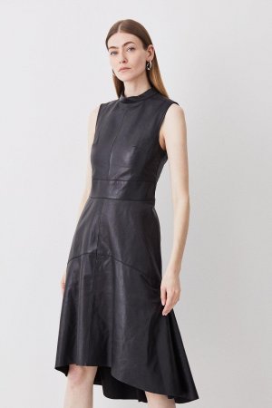 Кожаное платье без рукавов с высоким и низким вырезом , черный Karen Millen