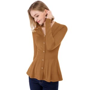 Женский пуловер в рубчик с V-образным вырезом и длинными рукавами, вязаные топы баской ALLEGRA K