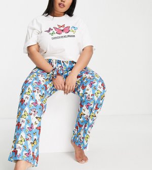 Пижамный комплект из oversized-футболки, брюк и резинки для волос с принтом бабочек -Разноцветный Daisy Street Plus