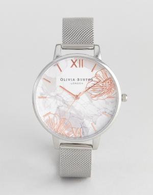 Серебристые часы с сетчатым браслетом и абстрактным цветочным принтом OB16VM20 Olivia Burton. Цвет: серебряный