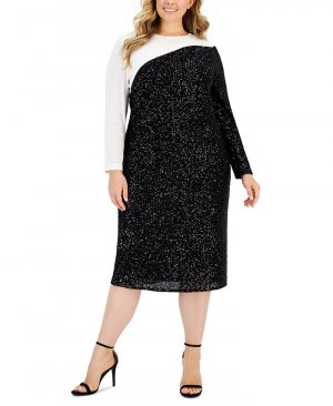 Платье больших размеров с длинными рукавами, расшитое пайетками и цветными блоками , черный Anne Klein