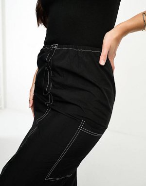 Черный жилет 2 в 1 рубчик с круглым вырезом ASOS DESIGN Tall и юбка-карго миди черного цвета контрастной строчкой