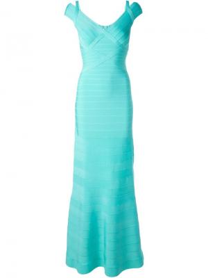 Приталенное вечернее платье Hervé Léger. Цвет: синий