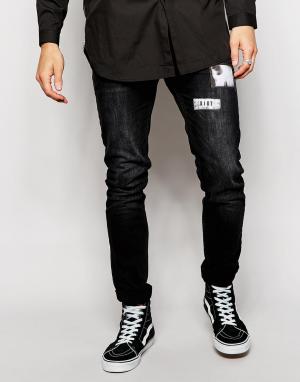 Черные джинсы скинни с заплатками Noize Religion