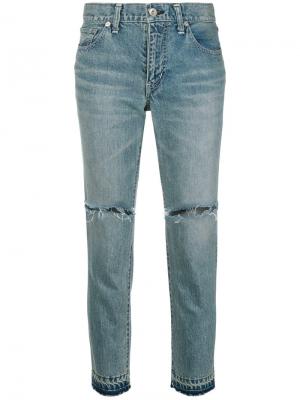 Укороченные джинсы с рваными деталями Sacai. Цвет: синий
