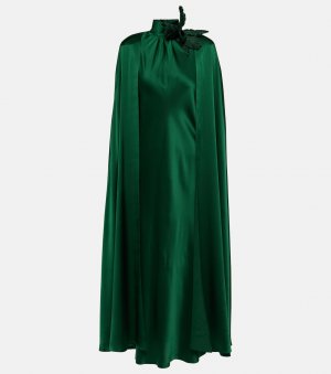 Платье макси из шелкового атласа с вышивкой и накидкой , зеленый Rodarte