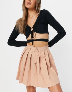 Плиссированная теннисная юбка бежевого цвета с поясом -Коричневый цвет Parisian