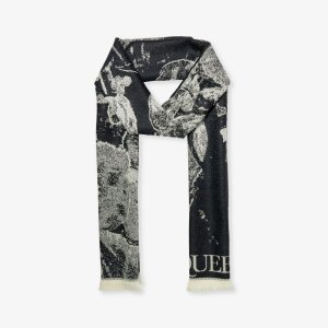Шерстяной вязаный шарф с цветочным узором и бахромой Alexander Mcqueen, черный McQueen