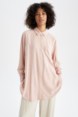 Рубашка-туника с длинными рукавами стандартного кроя DF Plus размера плюс , розовый DeFacto