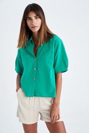 Рубашка свободного кроя с рубашечным воротником и коротким рукавом , зеленый DeFacto
