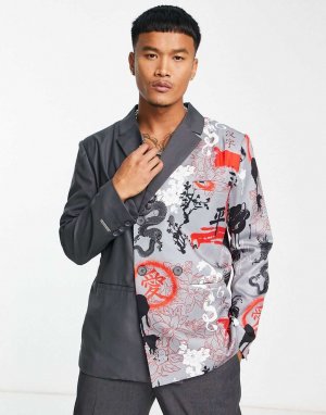 Серый двубортный пиджак оверсайз с принтом дракона Liquor N Poker