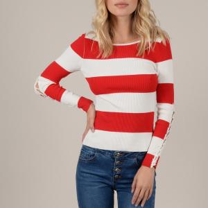 Пуловер в полоску с круглым вырезом и длинными рукавами завязками MOLLY BRACKEN. Цвет: в полоску красный/белый