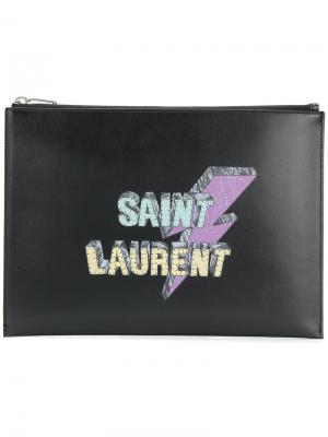 Клатч для планшета с принтом молний Saint Laurent. Цвет: черный