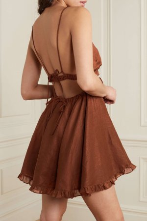 JOSLIN льняное платье мини Liana 2.0 с оборками и отделкой из органди, коричневый