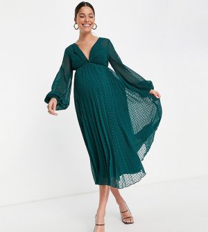 Темно-зеленое платье миди из ткани добби с перекрученной деталью спереди и плиссированной юбкой ASOS DESIGN Maternity-Зеленый цвет Maternity