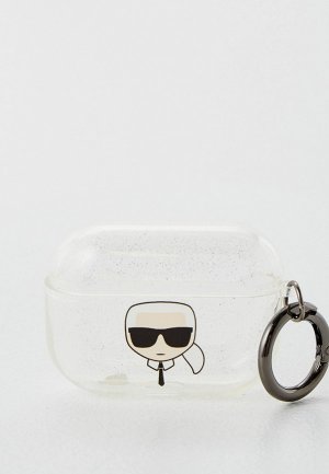 Чехол для наушников Karl Lagerfeld Airpods Pro, TPU Glitters with ring Transparent Silver. Цвет: прозрачный
