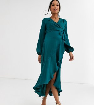 Зеленое атласное платье миди с запахом -Зеленый Flounce London Maternity