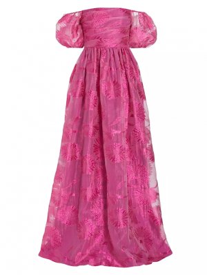 Жаккардовое платье из органзы с открытыми плечами Ml Monique Lhuillier, цвет pink sapphire Lhuillier