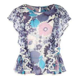 Блузка с круглым вырезом, цветочным рисунком и короткими рукавами RENE DERHY. Цвет: синий/фиолетовый/белый