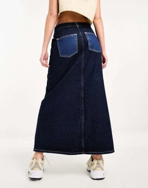 Синяя джинсовая юбка макси в стиле пэчворк River Island